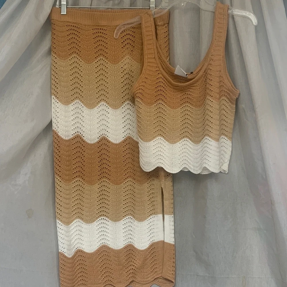 Crochet Wave Midi Skirt and Tank Set - Tan & White